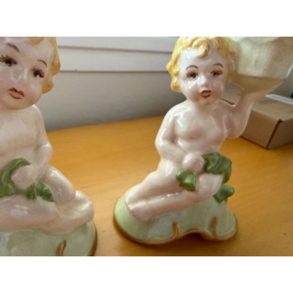 Pair Vintage Audrey Cherub Porcelain Candlesticks, Japan, MCM, Retro Classic ~5"